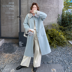 浅蓝色高级感双面羊毛大衣女2025冬季新款韩版超好看甜美毛呢外套图片