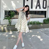 法式甜美露肩波点连衣裙女2025夏季新款休闲小个子显瘦减龄娃娃裙，女装连衣裙，2C006