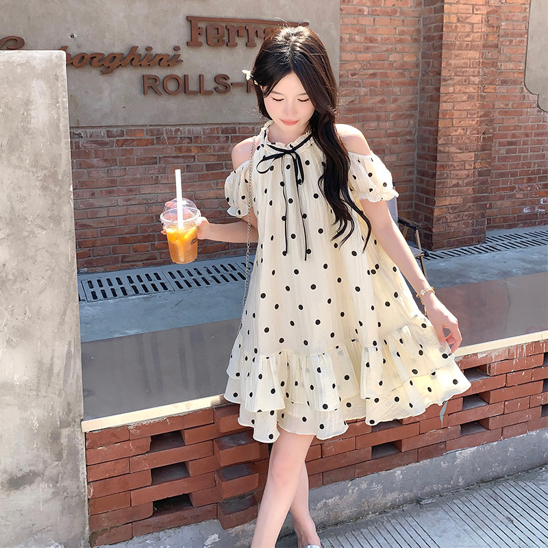 法式甜美露肩波点连衣裙女2025夏季新款休闲小个子显瘦减龄娃娃裙,女装连衣裙,2C006