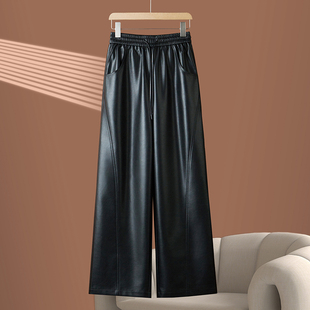 垂感拖地长裤 绵羊皮直筒阔腿裤 女秋冬松紧高腰弯刀裤 海宁真皮皮裤