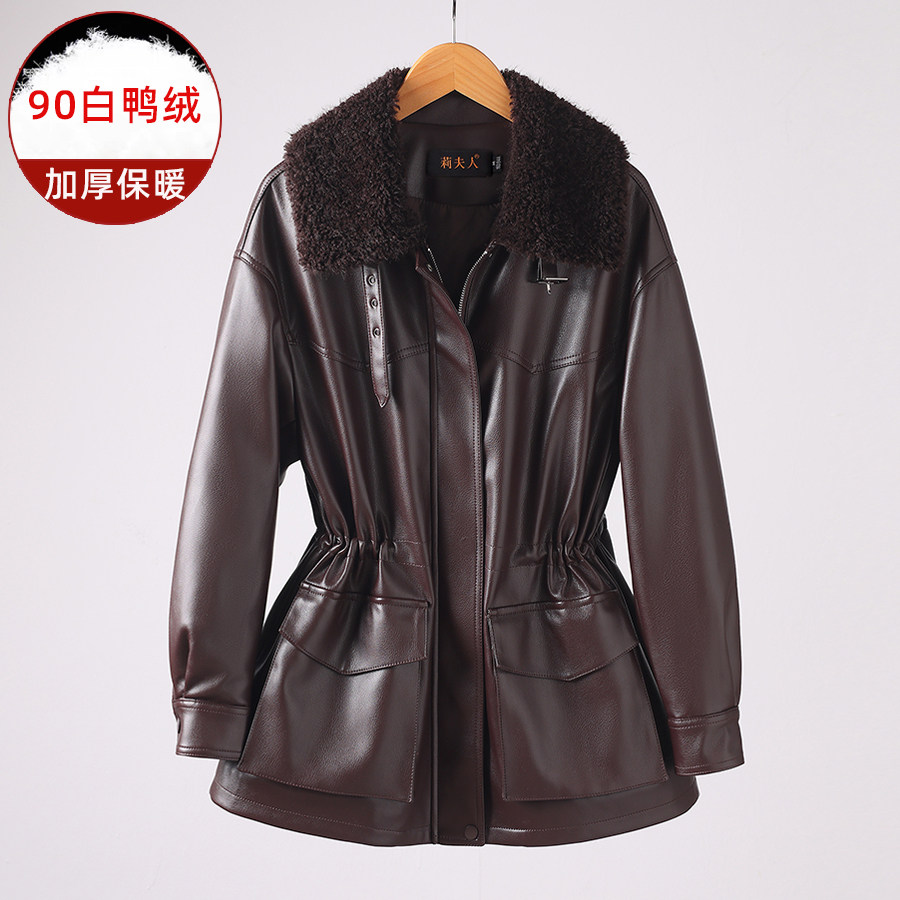 2025冬季新款真皮羽绒服外套女抽绳收腰宽松绵羊皮中长款加厚皮衣,女装/女士精品,皮衣,淘宝优惠券,粉丝福利购,淘宝优惠卷
