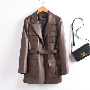 领外套 系带收腰绵羊皮风衣显瘦西装 真皮皮衣女中长款 2025秋冬新款