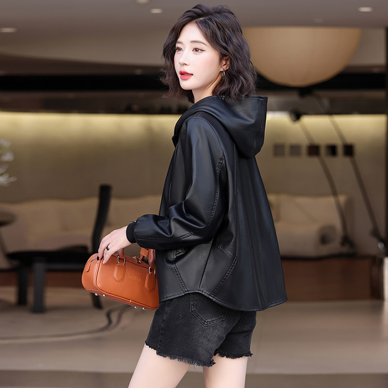 真皮皮衣女连帽宽松大码皮夹克