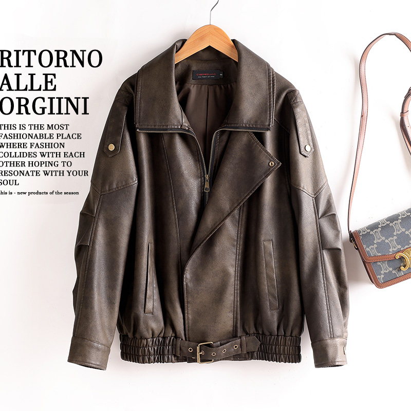 真皮皮衣女双层领泡皮夹克外套