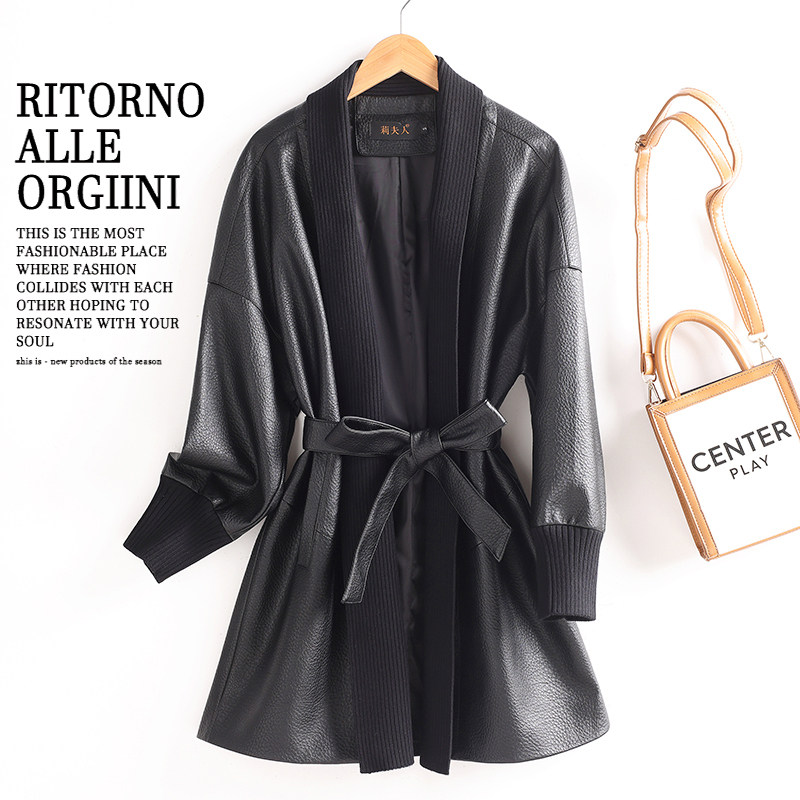 真皮皮衣女针织拼接中长款皮外套