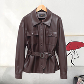 海宁真皮皮衣女短款 皮夹克外套 宋佳同款 时尚 系带绵羊皮2025年秋季
