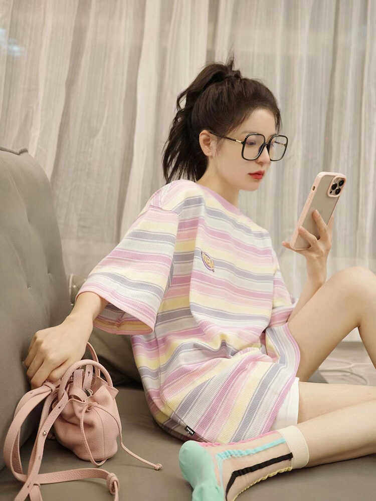 纯棉休闲运动服套装女夏季韩版宽松时尚条纹t恤短袖短裤两件套潮
