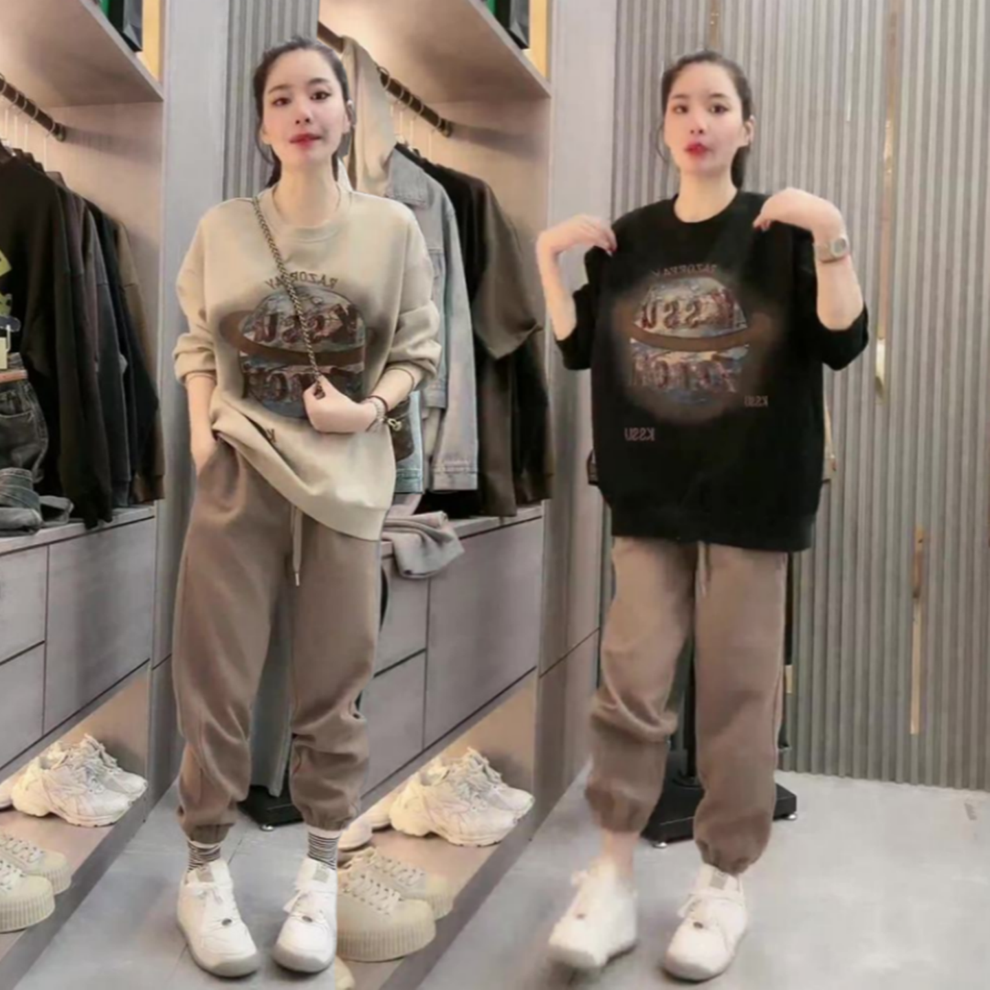 宽松大码时尚运动服套装女春秋遮肉印花圆领卫衣休闲束脚裤两件套