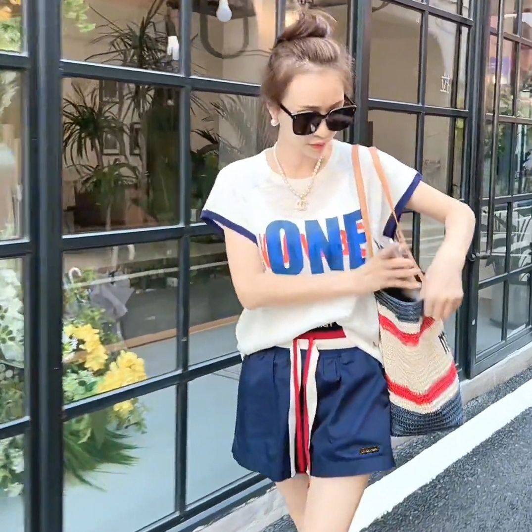 网红运动服休闲套装女夏季新款时尚宽松字母印花短袖短裤两件套潮