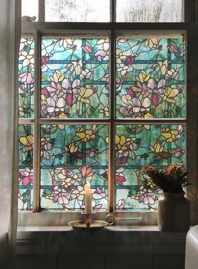 《Art Nouveau》法式手绘玉兰花窗贴卧室卫生间隐私贴膜免胶