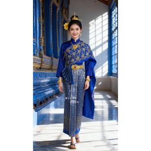 新款泰国传统服装女秋冬立领长袖包臀双层披纱进口面料高端高级款