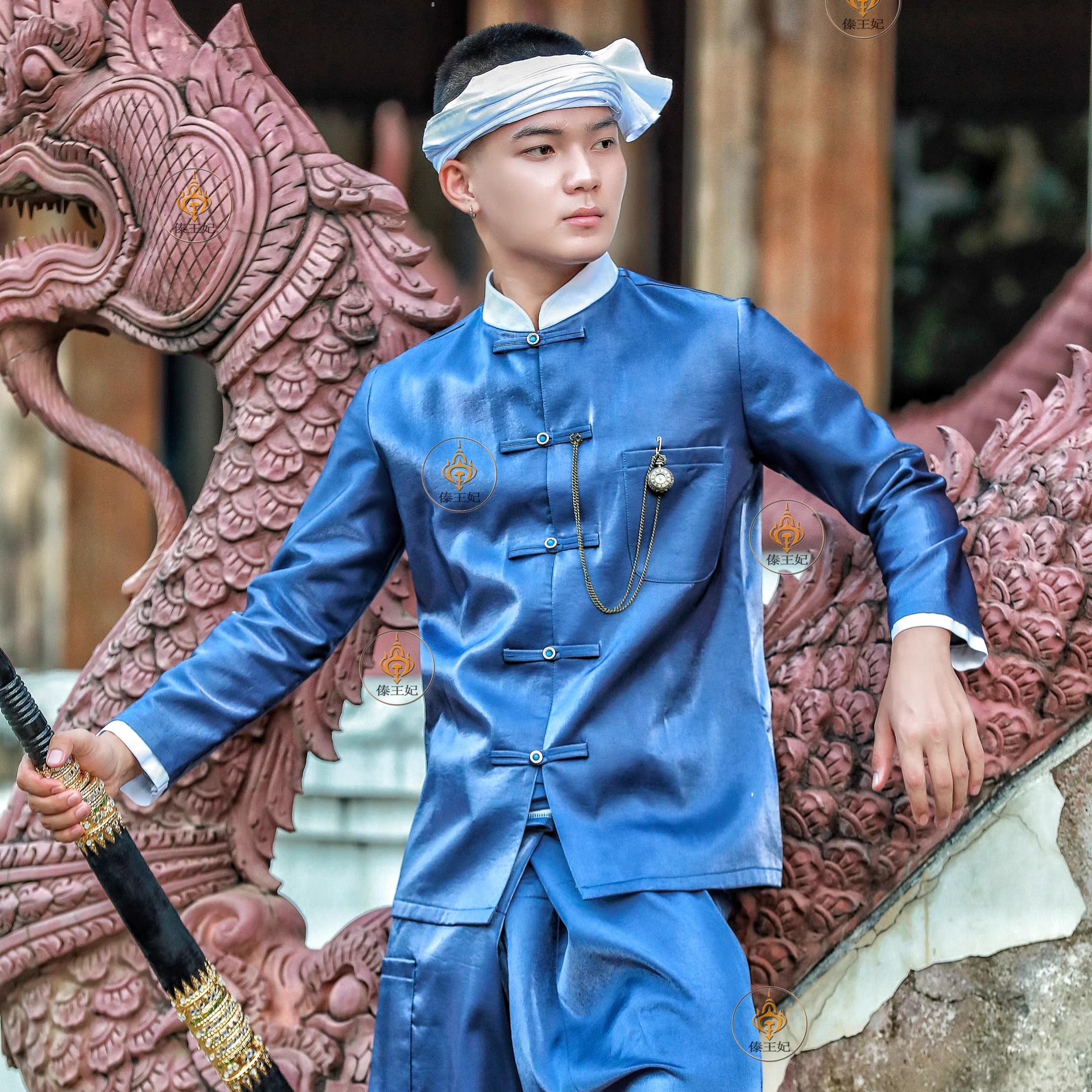 傣族传统男装套装复古傣龙土司贵族服长袖正装大裤管大裆裤影楼服