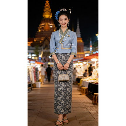 傣王妃傣族传统服女生活装工作服春夏新款修身显瘦微弹透气旅游服