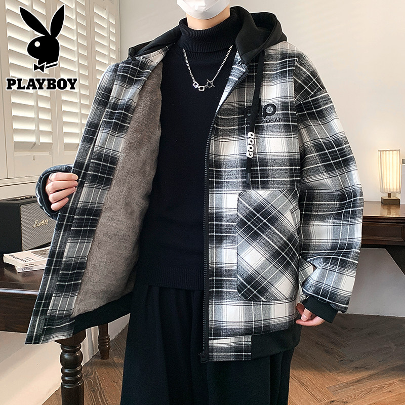 花花公子男装加绒加厚外套男士秋冬季新款连帽青少年夹克保暖棉服