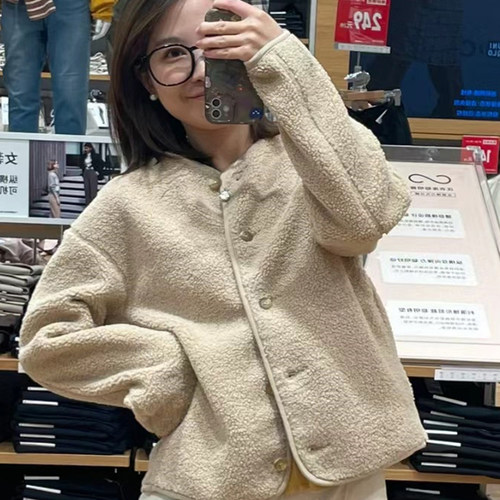秋冬470139女装472938仿羊羔绒摇粒绒宽松圆领开衫长袖外套461660