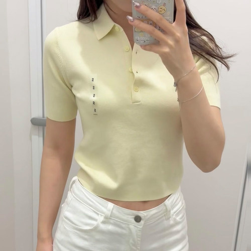 日系短款女装莫代尔棉混纺POLO领针织衫短袖毛衣25夏新款E476256