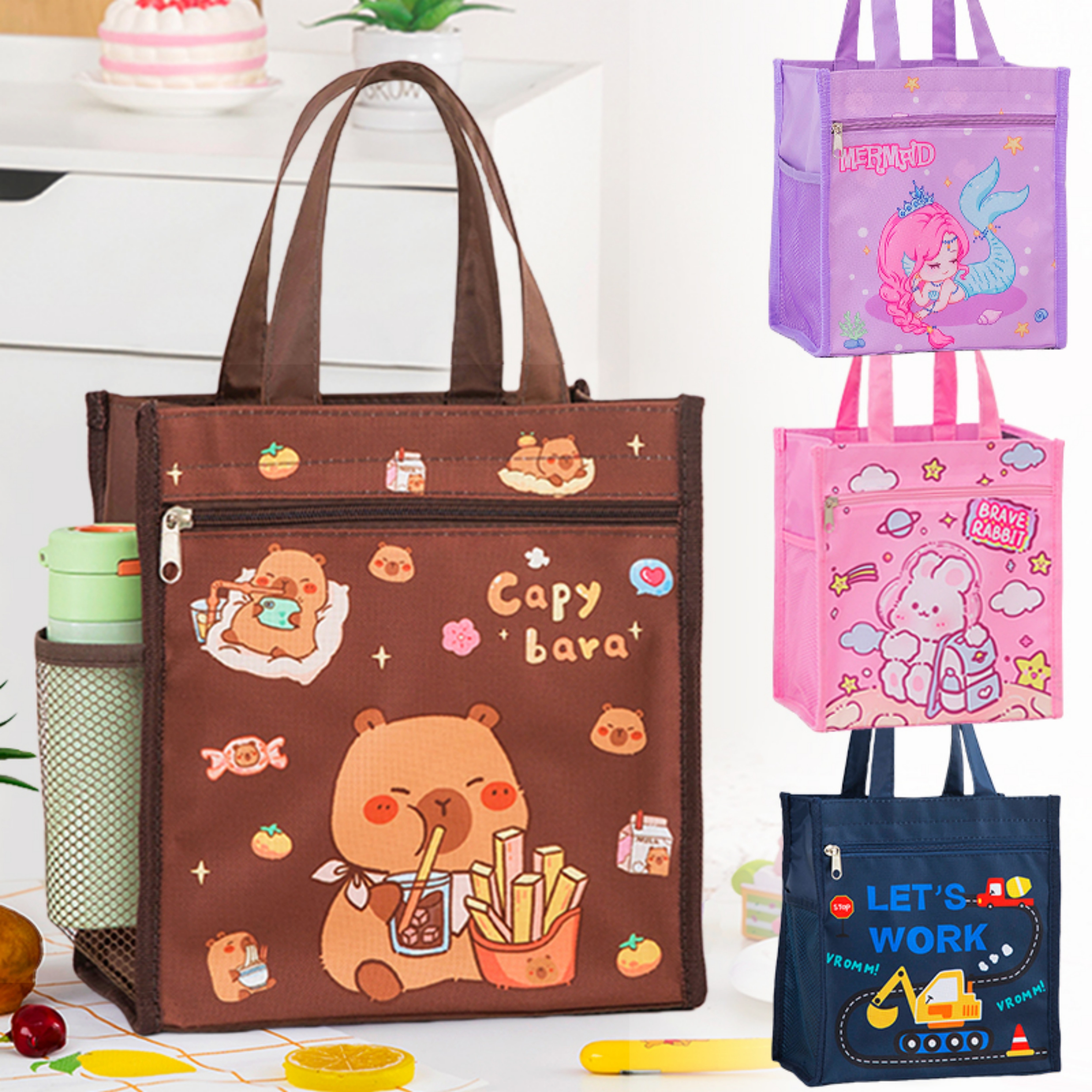 可爱卡通手拎饭盒袋子小学生手提包大号儿童专用午餐盒防水便当包