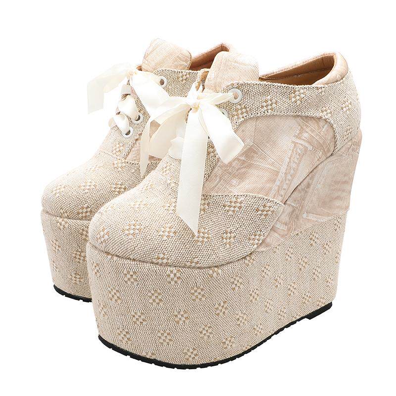 Giày cao gót nữ đế xuồng platform buộc dây, gót 15 cm — Mơ 10cm, Mơ 15cm