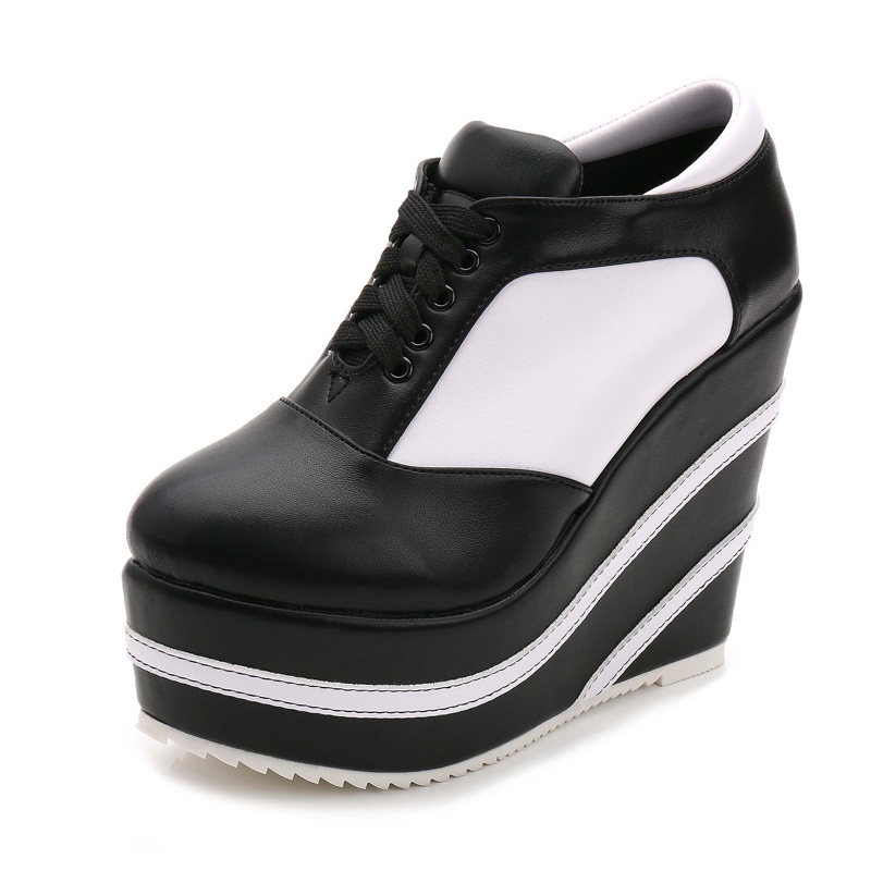 Giày sneaker nữ chunky đế dày 15 cm buộc dây, phong cách casual thu đông — 10cm màu cam trắng, 12CM đen trắng, 12cm màu cam trắng, 15CM đen trắng