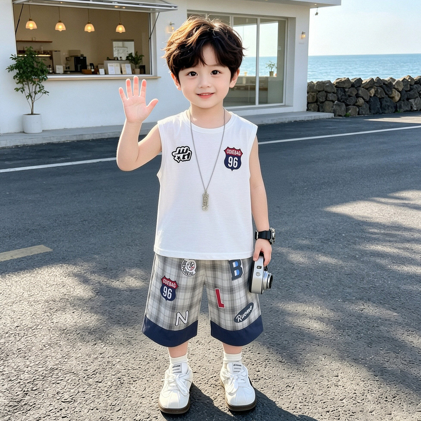 儿童韩版宽松坎肩T恤上衣男童背心格子短裤五分裤套装男宝宝夏装