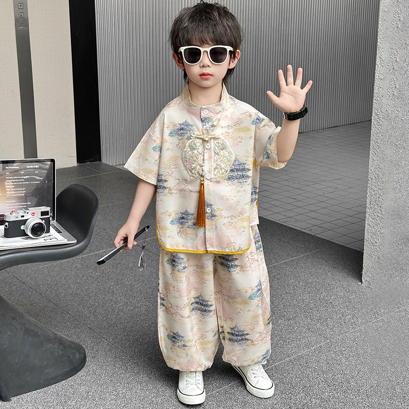男童夏季汉服套装2026新款儿童节中国风宝宝唐装小少爷衬衫两件套