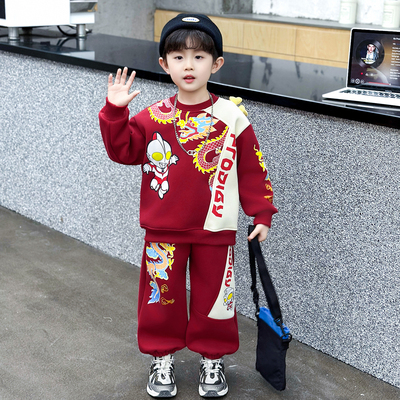 男童套装冬装红色加绒衣服帅气宝宝冬季拜年服儿童加厚卫衣奥特曼