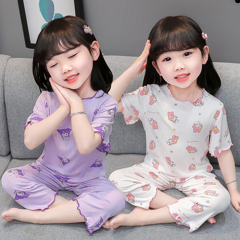 儿童睡衣套装家居服夏季新款2024女童宝宝冰丝夏天凉爽花边卡通