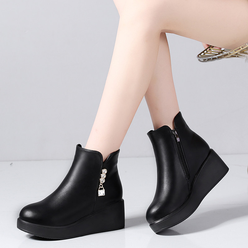 秋冬季高帮坡跟加绒保暖棉鞋女鞋