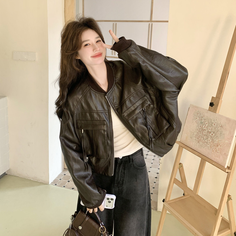 新款现货皮衣外套女立领机车服酷飒显瘦小个子夹克F621P155K248,女装皮衣,2C082