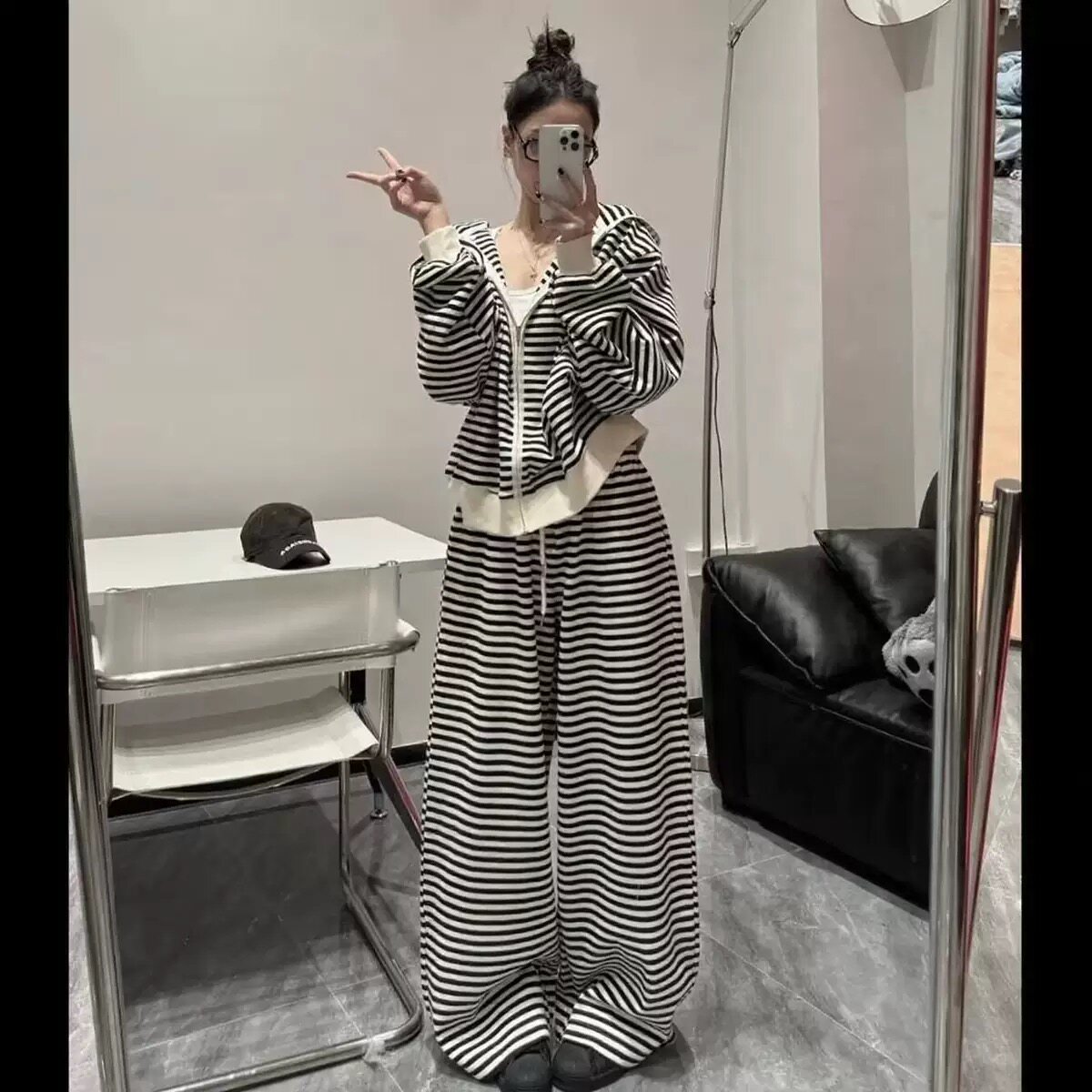 欧货黑白条纹卫衣套装女春秋新款休闲外套长袖洋气阔腿裤两件套装
