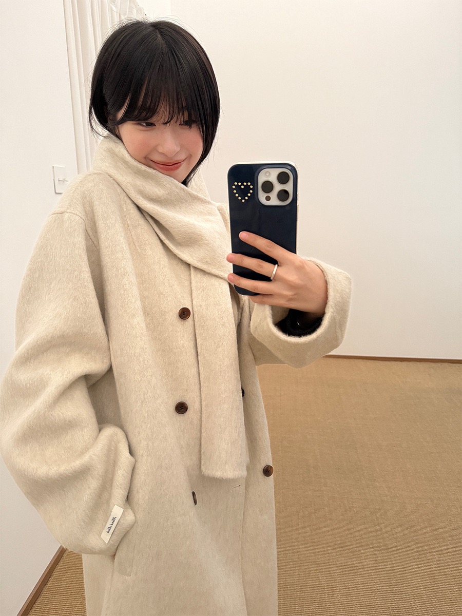 氛围满满 围巾羊毛双面呢大衣女冬通勤中长款双排扣外套