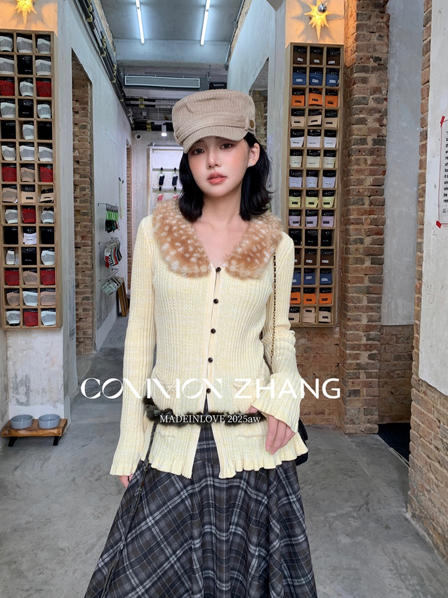 美式复古辣妹羊毛针织开衫女秋冬可拆环保仿皮草毛领毛衣外套