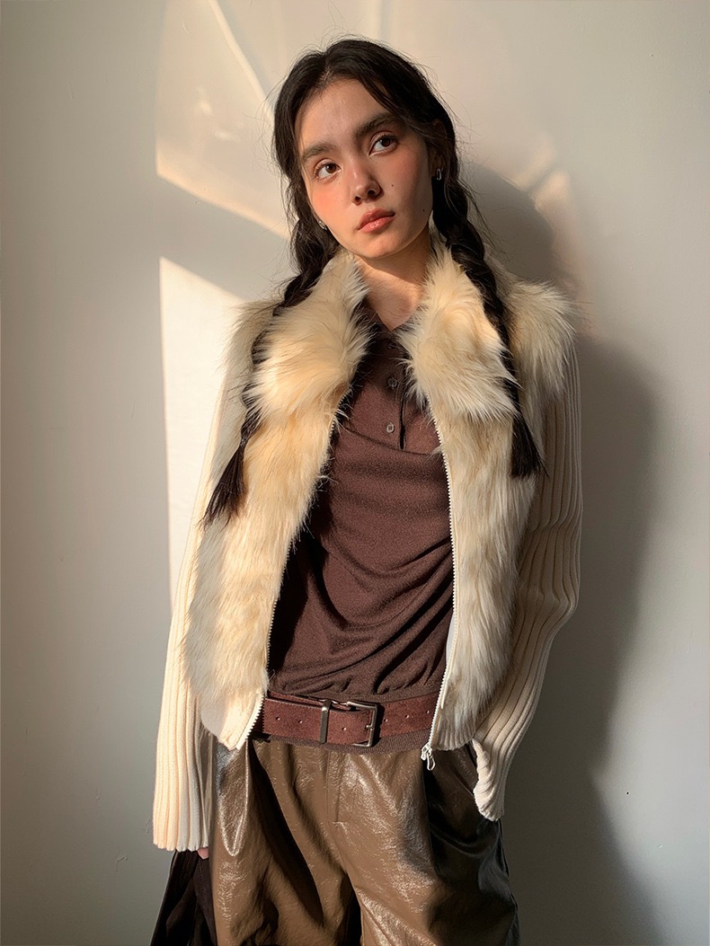 皮毛一体针织外套女冬季假两件拼接辣妹开衫上衣