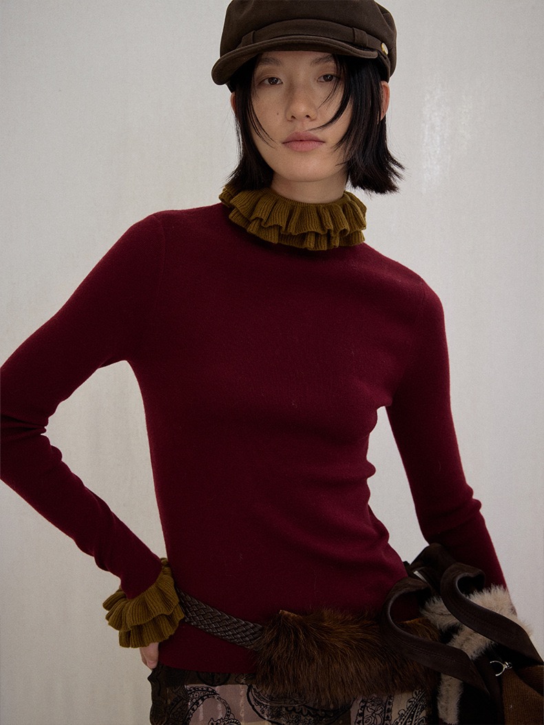 圣诞氛围羊毛毛衣女温柔百搭花边领秋冬内搭修身显瘦上衣