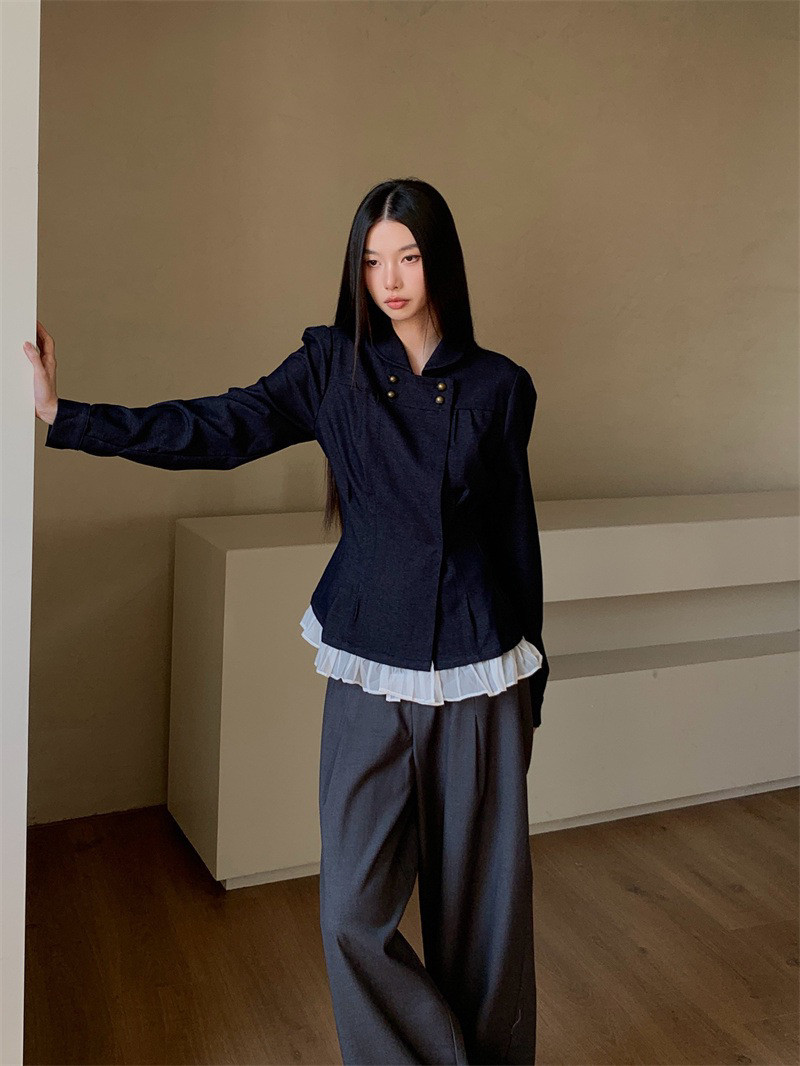 藏青色衬衫女设计感小众双排扣打衬衫