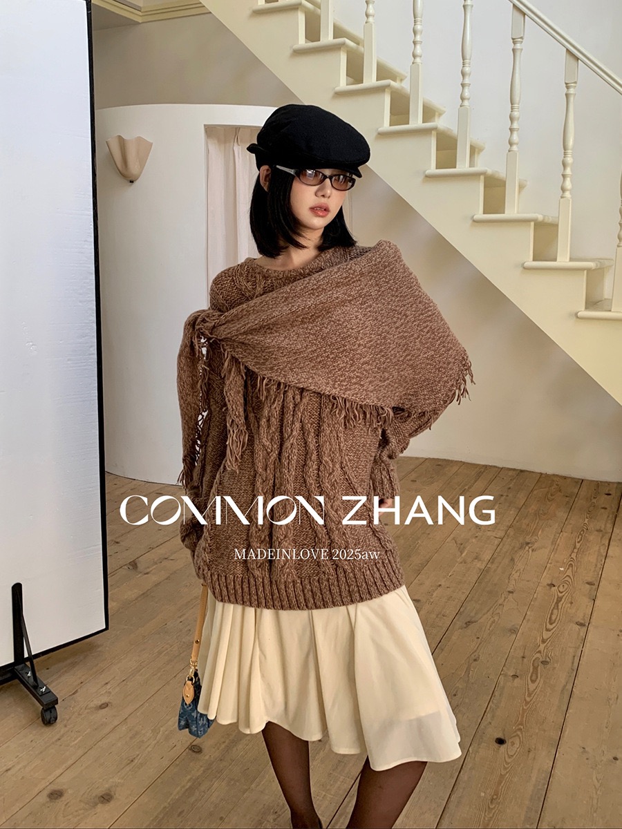 费尔岛少女秋冬新款费尔岛提花圆领套头毛衣女宽松慵懒风针织衫