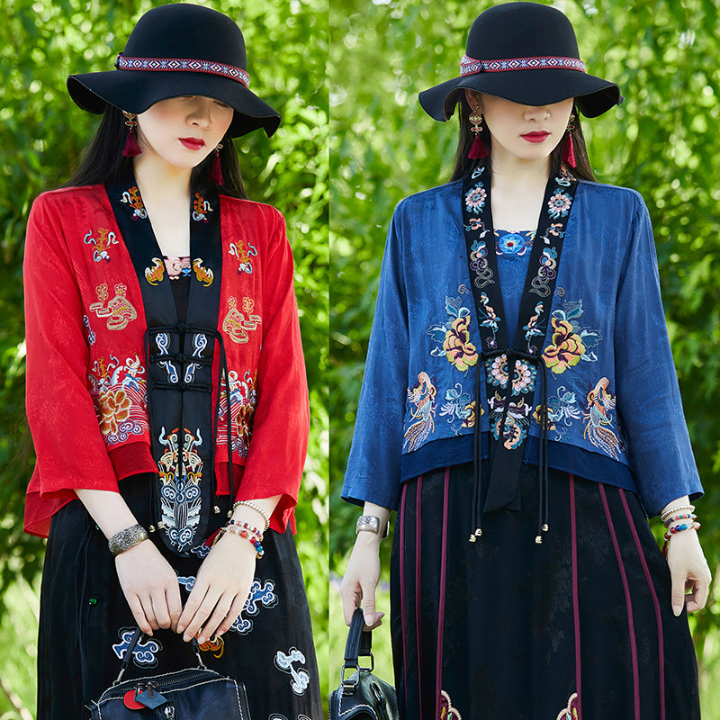 夏季云南绣花上衣民族风七分袖女式薄开衫外套大码宽松衬衫中国风