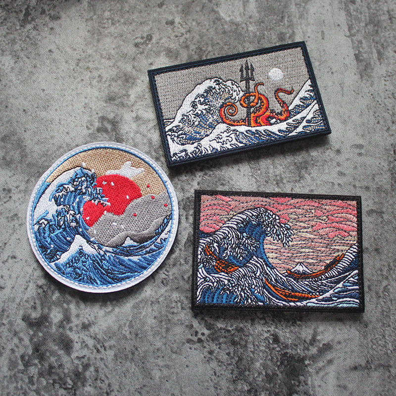 富士山日出海浪神奈川冲浪里刺绣魔术贴臂章 日风 大浪风景士气章