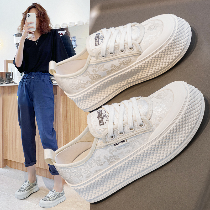 大码厚底缎面帆布小白鞋女41-43