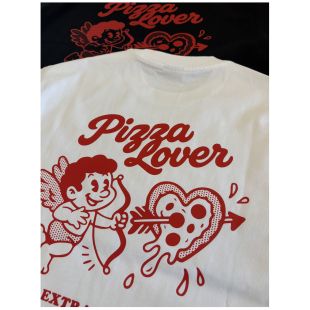 美式复古Pizza Lover丘比特披萨印花宽松短袖T恤男女情侣纯棉半袖