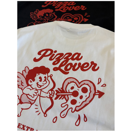 美式复古Pizza Lover丘比特披萨印花宽松短袖T恤男女情侣纯棉半袖
