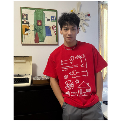 原创插画 小狗梦见鸡腿啦 趣味纯棉宽松男女情侣款无性别短袖T恤