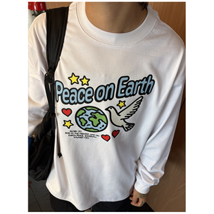 世界和平地球Peace on Earth印花长袖T恤内搭复古男女无性别纯棉