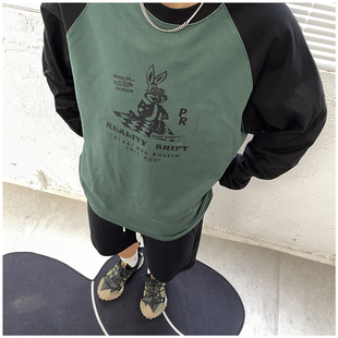 秋冬vintage复古阿美咔叽轮滑兔子卡通印花插肩撞色长袖 T恤男女款