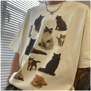 猫咪的聚会 猫猫印花短袖情侣款小众潮流宽松休闲情侣纯棉百搭T恤
