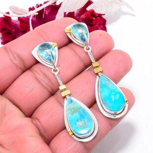 美国金曼Kingman 绿松石耳环925纯银双色 2.34英寸长