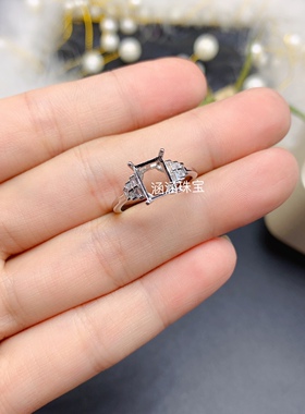 s925银饰品戒指空托长方形7*9mm代镶托帕石 石榴石 黄水晶 简单款