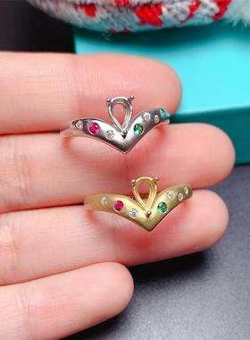 戒指空托S925纯银活口 水滴形4*6mm 代镶嵌红宝石 祖母绿 b