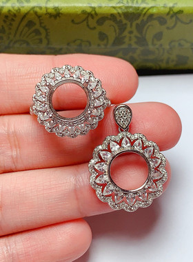 s925银吊坠戒指空托圆形8*8/10*10mm豪华时尚 镶嵌彩宝 水晶