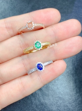 s925银戒指空托镀黄金色椭圆形3*4 5*7mm代镶祖母绿 蓝宝石时尚 m